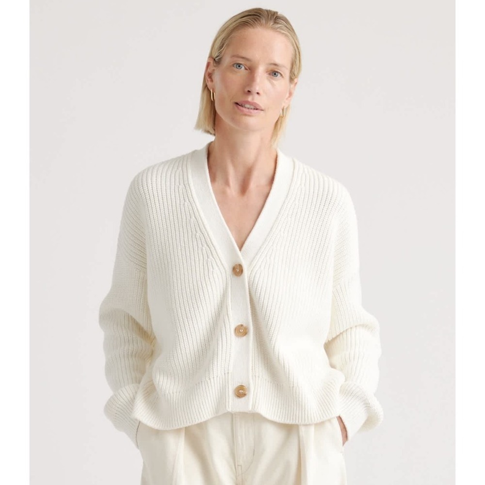 Quince Womens 100% Organic Cotton Fisherman Boxy Cropped Cardigan Ivory Small